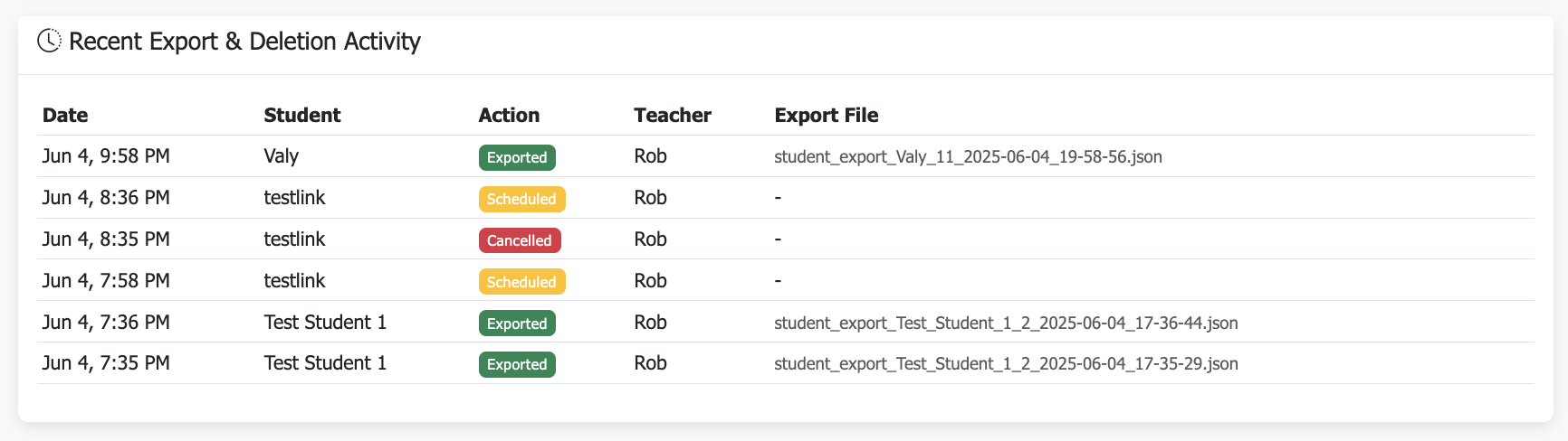 Export & Deletion Log